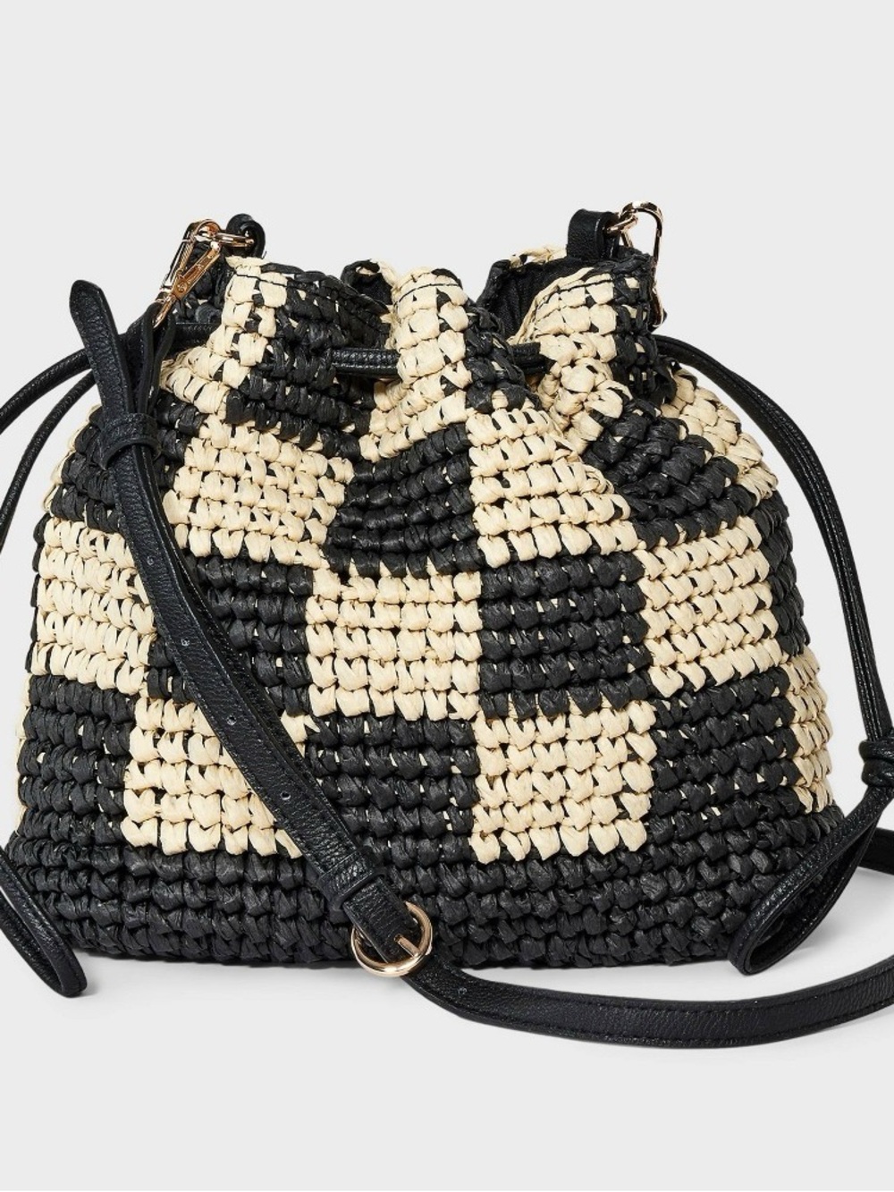 Straw Checker Drawstring Crossbody Bag - Universal Thread - Black